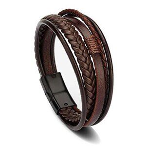 Mens Leather Bracelet Black Brown Multi Strand Braided Casual Wrist Jewelry